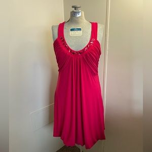 Bisou Bisou Hot Pink Sleeveless Dress w/Jeweled Neckline & Pockets Women’s 10